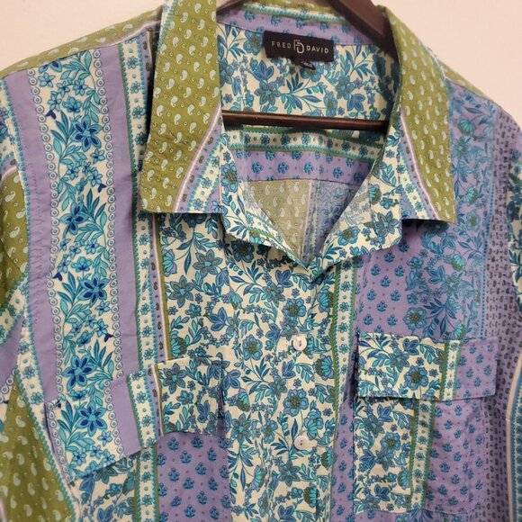 Fred David Womens Button Up Patchwork Top Size 3X Blue Bohemian Floral Artsy - Picture 2 of 10